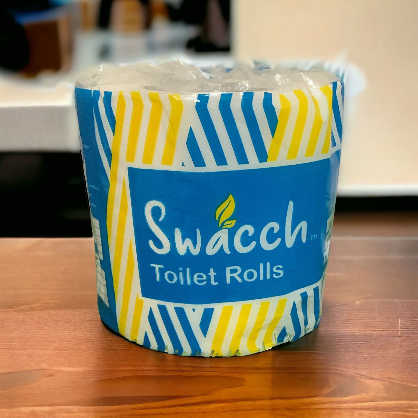 Swacch toilet roll in blue and yellow packaging